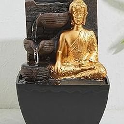 Buddha Tabletop Polyresin Water Fountain with LED Lights for Home and Office | Living Room Décor | Gift Item(Golden-Brown)-image-63