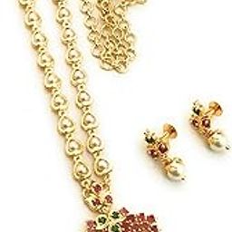 Gold Plated Brass 18 Inches Short Pearl Chain with Small Pendant and Tiny Earrings for Women & Girls-image-34