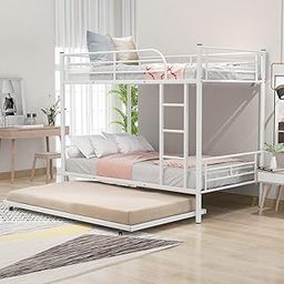 CALABASH Metal Bunk Bed with Trundle, Twin Over Twin Bunk Beds Frame with Ladders Heavy Duty bunkbed for Junior/Adults, Safety Full-Length Guardrail Easy to Climb (New White)-picture-21