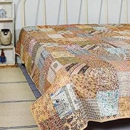 Handycraft India Patchwork Kantha Quilt, Throw Handmade Silk Patola Kantha Bed Cover, Handcrafted Bedding Bedspread,Vintage Hand Stitch Gudri, Beige (Queen 90 x 108)-image-60