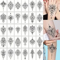 S.A.V.I 30 Pcs Black Temporary Tattoo Stickers for Women & Girls | Safe Non-Toxic Waterproof Mehndi Style Body Art | 9.7x5.7 cm Floral Mandala Design | Long Lasting Hand Arm Decoration (12)-28