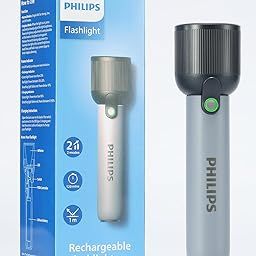 PHILIPS Handheld Torch Light, 2000mAh Rechargeable Torch Light with 2 Modes,400LM & IP44 Waterproof, Portable Flash Light for Home, Camping, Hiking, Emergency（Gray）-24