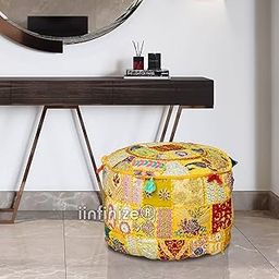 Ottoman Pouffes Sitting Mudda Puffy Stool Chair Patchwork Round Pouf Cover Khambadiya Cotton Sitting Pouffes Cover (No Filler Include)-image-11
