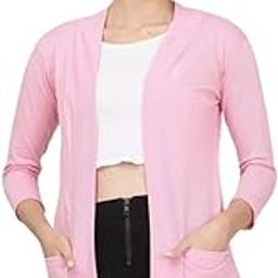 Women's Cotton Blend Henely Neck Full Sleeve Lightweight Open Front Cardigan Shrug for Casual & Formal Wear (Pink-L)-0