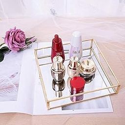 Handy Creations Vintage Glass Square Mirror Tray, Home Table Decoration, Makeup Organizer, Display, Cosmetics for Bedroom Vanity Tray (Material- Metal, Colour - Gold, Size - 6X6X1.5 Inch)-image-60
