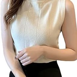 Off White Women's Sleeveless Turtleneck Regular Fit Top, Vertical Striped Pattern, High Mock Neck Soft Stretchable Knitted Material-40 to 65KG-picture-6