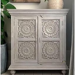 Decorative Storage Cabinet with Carved Sunburst Design 2-Door Solid Wood Cabinet in Grey Finish, Vintage Style Accent Furniture for Living Room, Bedroom, or Entryway Décor-image-22