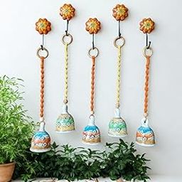 Shopping Shots, Ceramic Hand-Painted Macrame Bells. Pack of 5 Large-Size (Height 5 inch) Bells. 5 Ceramic Hooks Included.-image-41