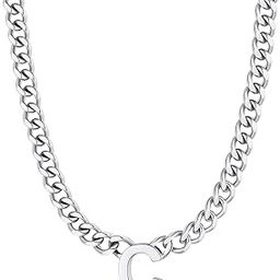 Men's A-Z Letter Necklace 7mm Cuban Chain Necklace, Stainless Steel/Gold Plated/Black-Send Gift Box-image-44