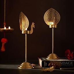 DecorTwist® Tealight Candle Holder Stand (9.2" x 11.2" Height) Peacock Golden Metal Pillar Candle Holder for Home Decor, Living Room, Bedroom, Diwali Decoration Items for Festival Occasions-image-3