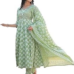 Women's Pure Cotton Printed Embroidery Anarkali Kurta with Pants and Dupatta Set | Salwar Suit Set-image-74