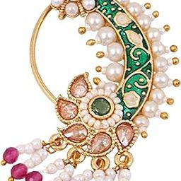 Women Gold Plated Stone & Kundan Meenakari Design Hanging Beads Mahrastrian Nath-image-50