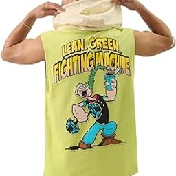 Official Popeye: Powerhouse Men and Boys Sleeveless Green Graphic Printed Cotton Regular Fit Hooded T-Shirts Popeye Old Retro Cartoon 90s Animated Character Themed Merchandise-image-54