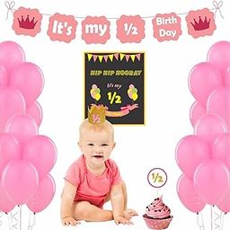 Untumble Half Birthdy Decoration For Baby Girl | Half Birthday Decoration Items With Its My Half Birthday Banner, Poster, Cake Topper, Baby Crown & Balloons | Half Birthday Decoration | Pack of 24-28