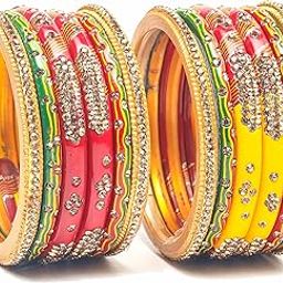 Lah/Lac bangles red,yellow and green color Set, LAHTHI Churi zircon work for Women and Girls(12pcs)-image-40