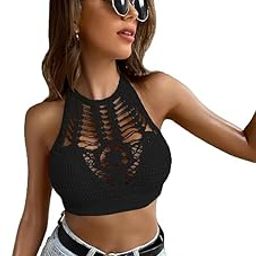 A P FASHION || Solid Women's & Girls' Hollow Out Tie Backless Beach Halter Crochet Top-5