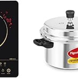 Pigeon By Stovekraft Favourite Induction Base Aluminium Pressure Cooker with Outer Lid, 5 Litres, Silver+Pigeon by Stovekraft ABS plastic Acer Plus Induction Stove,cooktop,chula of 1800 watts with Fe-22