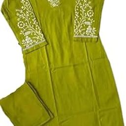Women's Embroidered Cotton Kurti, Lime Green with White Floral Design, V-Neck, Full Sleeves-image-2