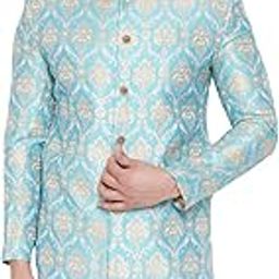 Printed Straight Men's Aqua Silk Blend Sherwani Only Top-image-11
