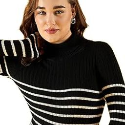 98 Degree North Women Cotton Self Design High Neck Pullover Has A Full Sleeves and Straight Hem-RG1157-BLACK-image-2