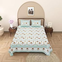 Cotton King Size Double Bedsheet with 2 Pillow Covers, Floral Print, Turquoise and Brown, 241 x 274 cm-image-55