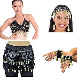 Vritraz Women's Chiffon Belly Dance Hip Waistband 1 Scarf, 1 Top, 1 Headband, 1 Handcuff with Ringy Golden Coins (Pack of 4)-image-96