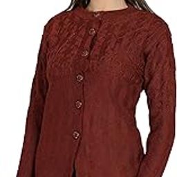 Women's Woolen V-Neck Cardigan - Printed Heavy Front Kadai Daffodil Fabric Winter Wear Pure Wool Cardigan for Women - Free Size Long Cotty Fully Warm - Maroon, XS-image-67