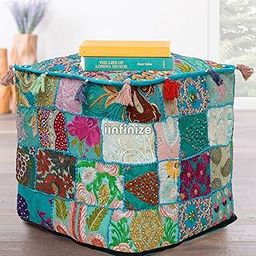 iinfinize Rajasthani Pouf Patchwork Ottoman Footstool Mudda Cotton Bean Bag Embroidered Stool Pouf Cover Vintage Tassels Pouffe Festival Decorative Square Pouf Wedding Decor (16x16x16 Inch)-image-74