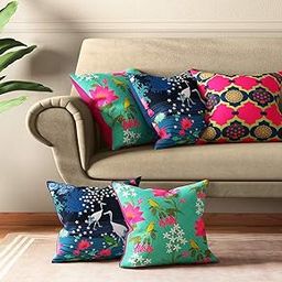 India Circus by Krsnaa Mehta Blooms & Swans Multicolor Satin Blend Cushion Pillow Covers Set of 5 (16 x 16 Inches)-image-83