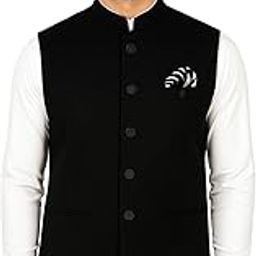 MEN 'S NEHRU MODHI JACKET (WAISTCOAT) - ALONG WITH INNER POCKET PREMIUM FABRIC WITH WOOL BLEND LINING STYLISH SLEEVELESS REGULAR FIT WAISTCOAT FOR FESTIVELS- FORMAL AND CASUAL (BLACK- 46)-picture-1