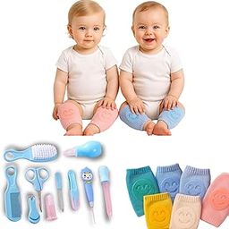 Mantravib® Baby Grooming Kit & Knee Pads Combo – 10 Pcs Care Set with Nail Clipper, Nose Cleaner, Comb, Brush Anti-Slip Cotton Knee Pads for Crawling Babies – Boys & Girls (Multicolor)-picture-2