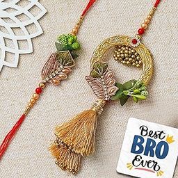 eCraftIndia Golden Designer Rakhis for Brother and Bhabhi | Bhaiya Bhabhi Rakhi Set of 2 | Lumba Rakhi | Best Bro Ever Fridge Magnet | Roli Chawal Pack-image-6