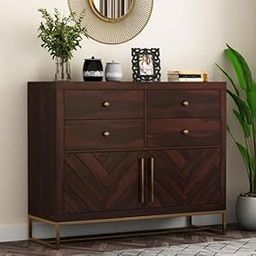 Silant Makers Solid Sheesham Wood Sideboard Cabinet for Living Room | Herringbone Design, Brass Base & Knobs | Modern Wooden Storage Unit with Drawers & Doors – Walnut Finish||-27