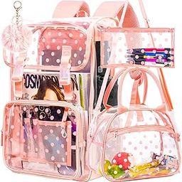3PCS Clear Backpack, Heavy Duty See Through PVC School Bookbag with Lunch Box, Large Stadium Approved Transparent Backpacks for Girls Women - Pink, Pink Polka Dot, One Size, Daypack Backpacks-25