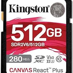 Kingston Canvas React Plus V60 512GB SD Card | SDXC UHS-II | 280R/150W U3 V60 | Full HD/4K | SDR2V6/512GB-30