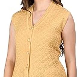 Women Woolen Cardigan Sleeveless Self Design Cardigan Daffodil Fabric Winter Wear Pure Wool Cardigan 100% Daffodil Free Size Cotty Fully Warm with Front Pockets (M, Golden)-picture-8