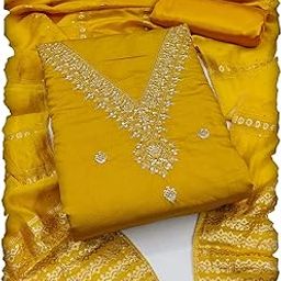 Women's V-Neck Embroidery Cotton Blend Unstitched Suit With Jari Sequence Shaded Dupatta-picture-14