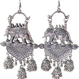 Oxidised Silver Elephant Jhumka Earrings for Women and Girls | Traditional Ethnic Dangler Earrings | Lightweight Jewellery for Saree, Kurti & Fusion Outfits-image-51