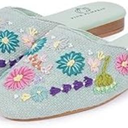 Women's Embroidered Floral Mules, Mint Green Slip-on Flats, Traditional Jutti Style-image-1