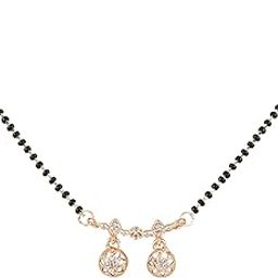 Rose Gold Plated Traditional Single Line American Diamond Pendant with Black Bead Chain Mangalsutra for Women (D104)-image-60