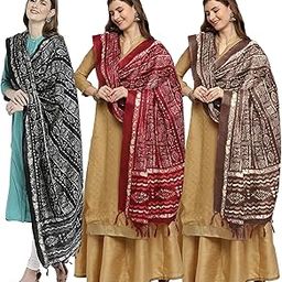 Women's Block Printed Cotton Silk Dupatta Combo Pack of 3 Banarasi Print Dupatta-picture-53