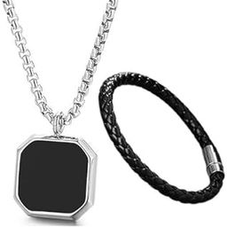 Black Silver Chain For Men Boys Geometric Stainless Steel Black Silver Locket Pendant Necklace Chain with Casual Band Strand Bracelet for Men & Boys Combo-image-1