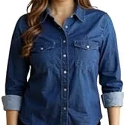 new-18 Ladies Denim Shirt Regular Fit Solid Blue Collared Neck Long Sleeve Button Down Casual Wear Fashionable Girls Denim Shirt-picture-4