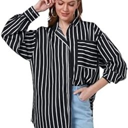 Women Black and White Stripe Printed Poly Crepe Oversized Casual Shirt-image-55