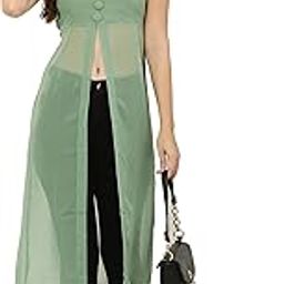 Women Georgette Fit & Flare Kurti Dress Round Neck Sleeveless with Front Slit & Button Accent Elegant Casual-image-30
