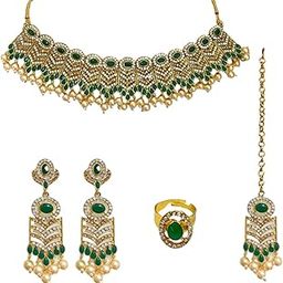 Gold Plated Stones Statement Necklace Set with Earrings, Maangtikka & Finger Rings with a Pair of Comfortable Earring Supporter | For Women & Girls-48