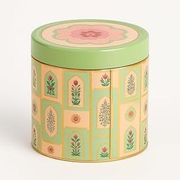 Set of 6 Decorative Floral Printed Metal Tin Jars with Lids – Round Mughal Design Gift Boxes for Dry Fruits, Tea, Spices & Return Gifting – Multicolor Storage Containers (Green)-image-1