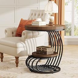 TRUST ROX Modern Bedside Table with Marble Accent for Living Room or Bedroom, Round Metal end Table with Two Tiers of Storage Shelves (Walnut Black)-16