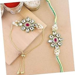 Kundan & Pearl Bhaiya Bhabhi Lumba Rakhi Set with Roli Chawal & Rakshabandhan Card For Unisex Adult (R122G-CO)-image-11