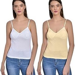 Women Cotton Regular Fit Combo Sleeveless Bra Cum Camisole Slip Spaghetti Multi Pack of 2-image-65